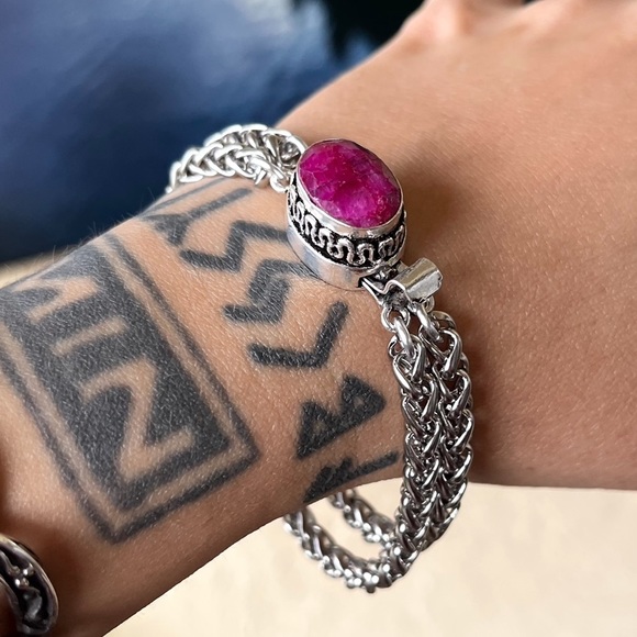 Genuine pink indian ruby gemstone stainless steel double chain boho bracelet - Picture 4 of 15